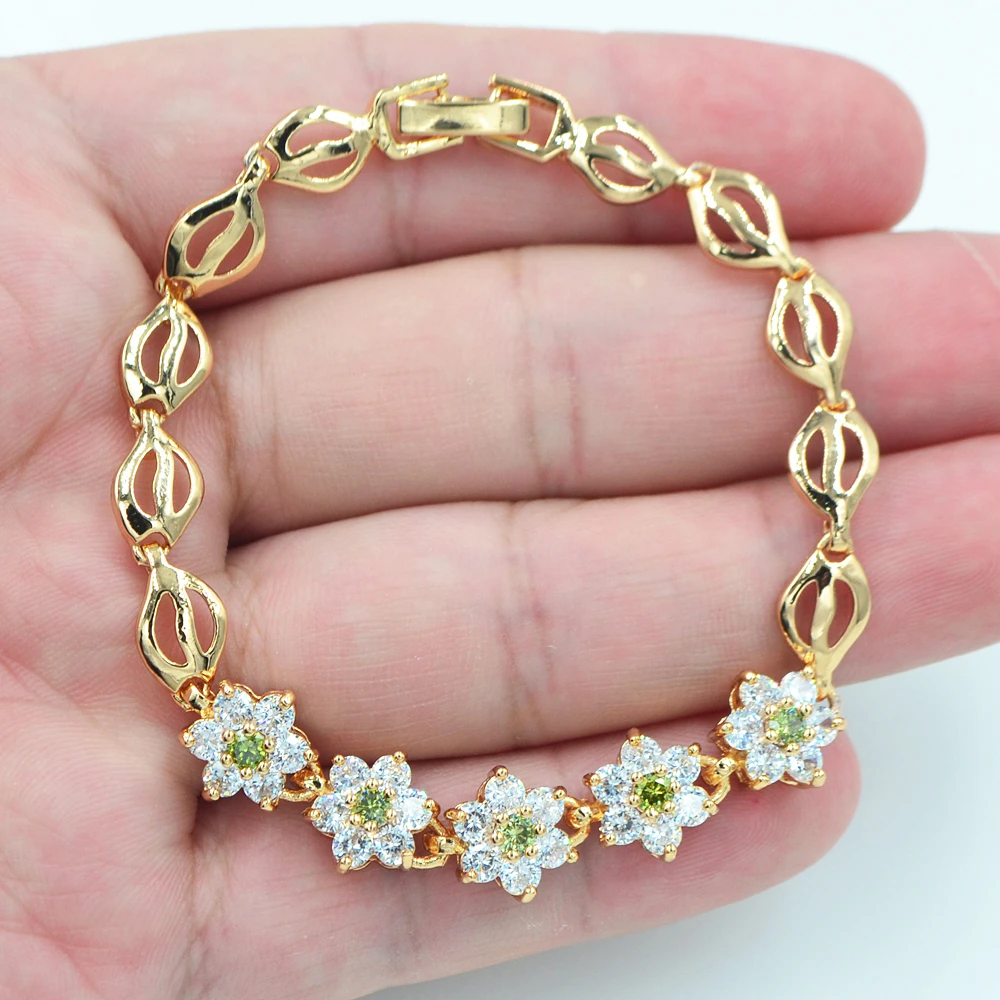 

Gold Color AAA+ Cubic Zirconia Women Cute Green CZ Flower Charm Bracelet Jewelry