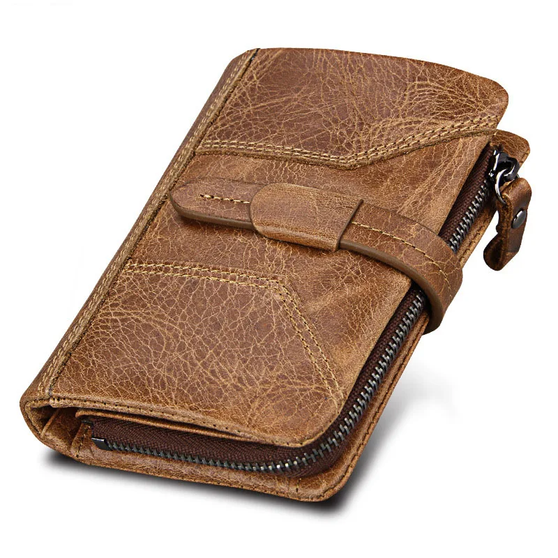 Genuine Crazy Horse Leather Men Wallets Vintage Trifold Wallet Zip Coin Pocket Purse Cowhide ...