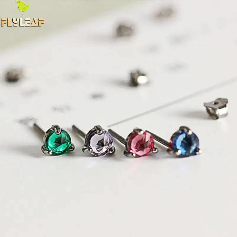 

100% 925 Sterling Silver Stud Earrings Colored Cubic Zirconia Personality Prevent Allergy Fashion Jewelry Earrings For Women