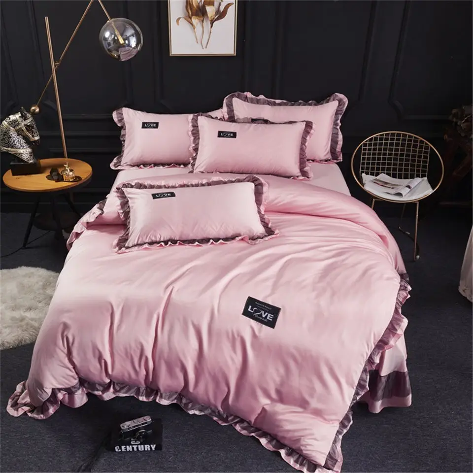 

Silk Bed Linen Solid Lace Design Bedspread Princess Bedding Set Pink Color Bed Skirt Ruffle Luxury Duvet Cover Pillowcase
