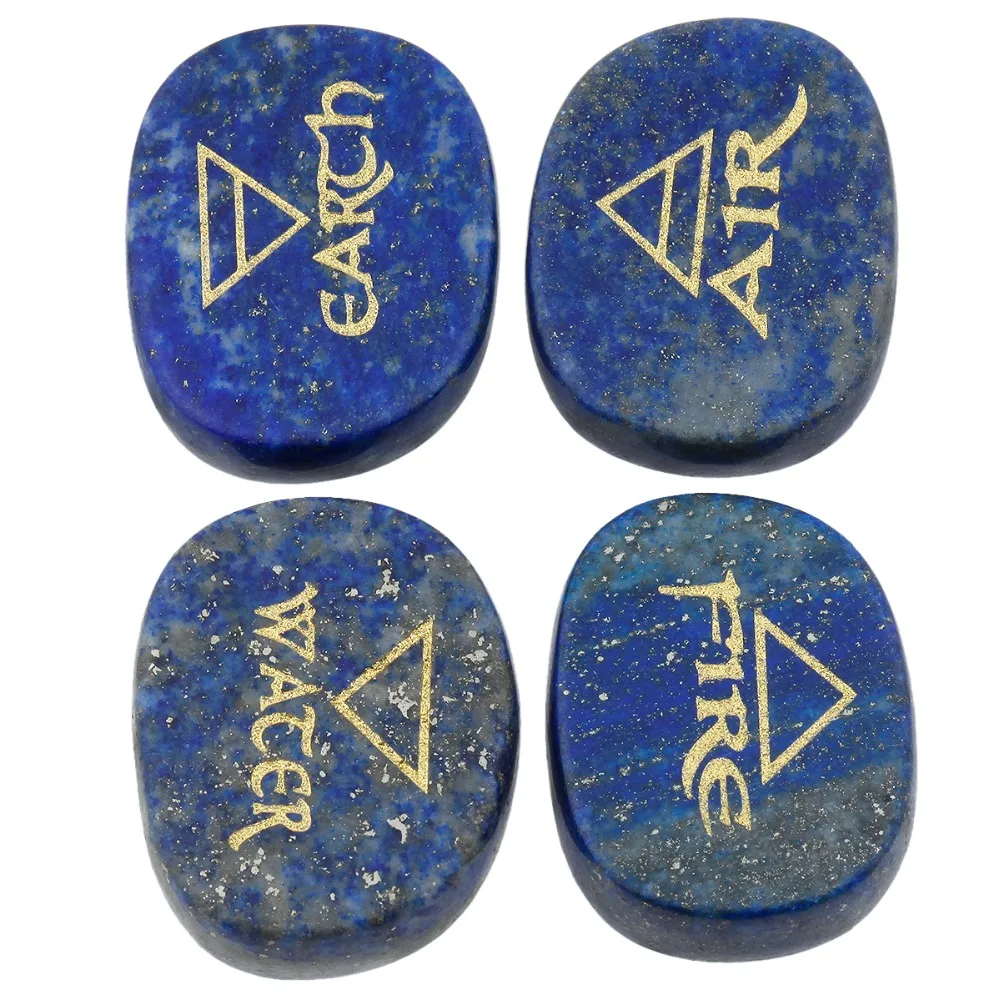 TUMBEELLUWA 1Set (4Pc) Lapis Lazuli Palm Stone Engraved Element Symbols Healing Crystal Reiki Air Water Fire Earth |