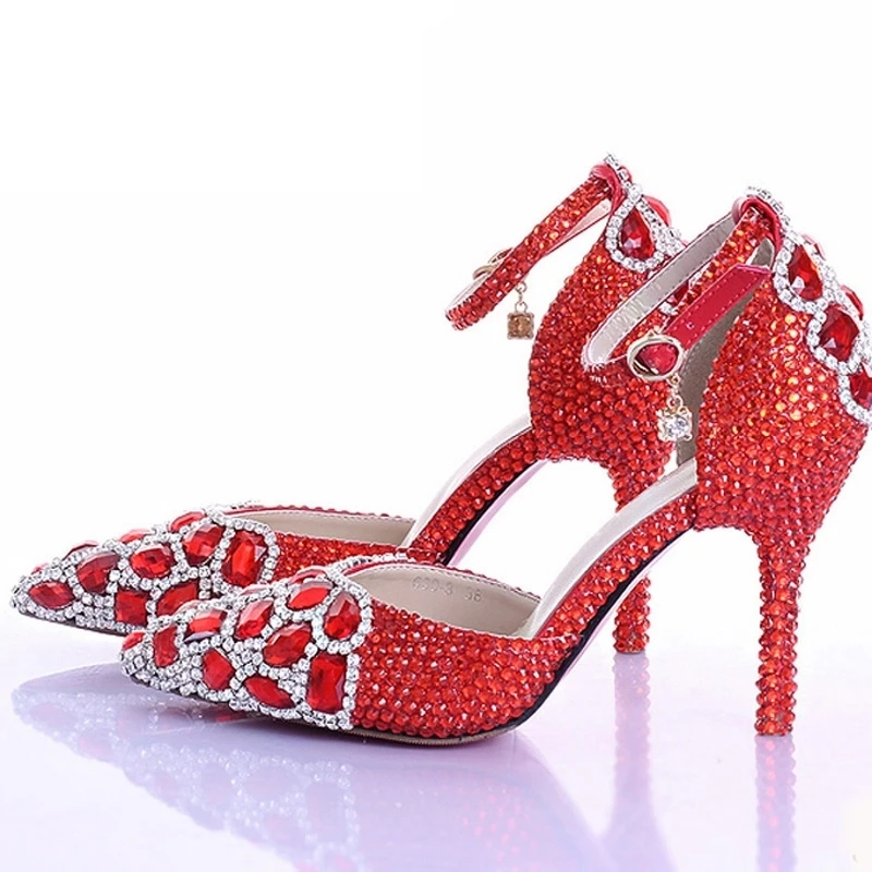 

Red Rhinestone Crystal Wedding Shoes Pointed Toe Bridal High Heel Shoes with Ankle Strap Women Pumps Wedding Party Prom Shoes