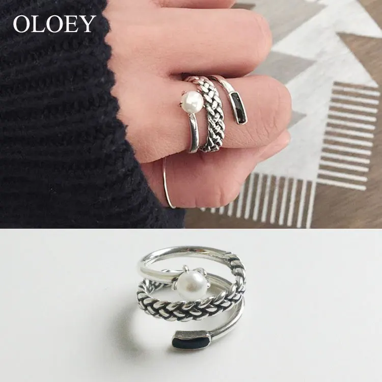 OLOEY, Аутентичные, 925 пробы, серебряные, открытые кольца, Ретро стиль, три слоя, витая веревка, с ракушками, жемчужное кольцо для женщин, ювелирное изделие YMR086