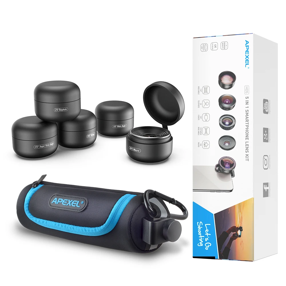 APEXEL 5 в 1 телефон Камера объектив 4K 0.6X Широкий формат телескоп Fisheye) с углом обзора 10X макро-объектив для iPhone X 8 7 Xiaomi samsung s9 s10