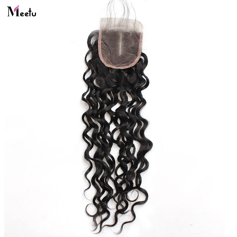Meetu волосы перуанский вода волна закрытия шнурка 130% плотность натуральные волосы расширение топ закрытия свободной части не Волосы remy