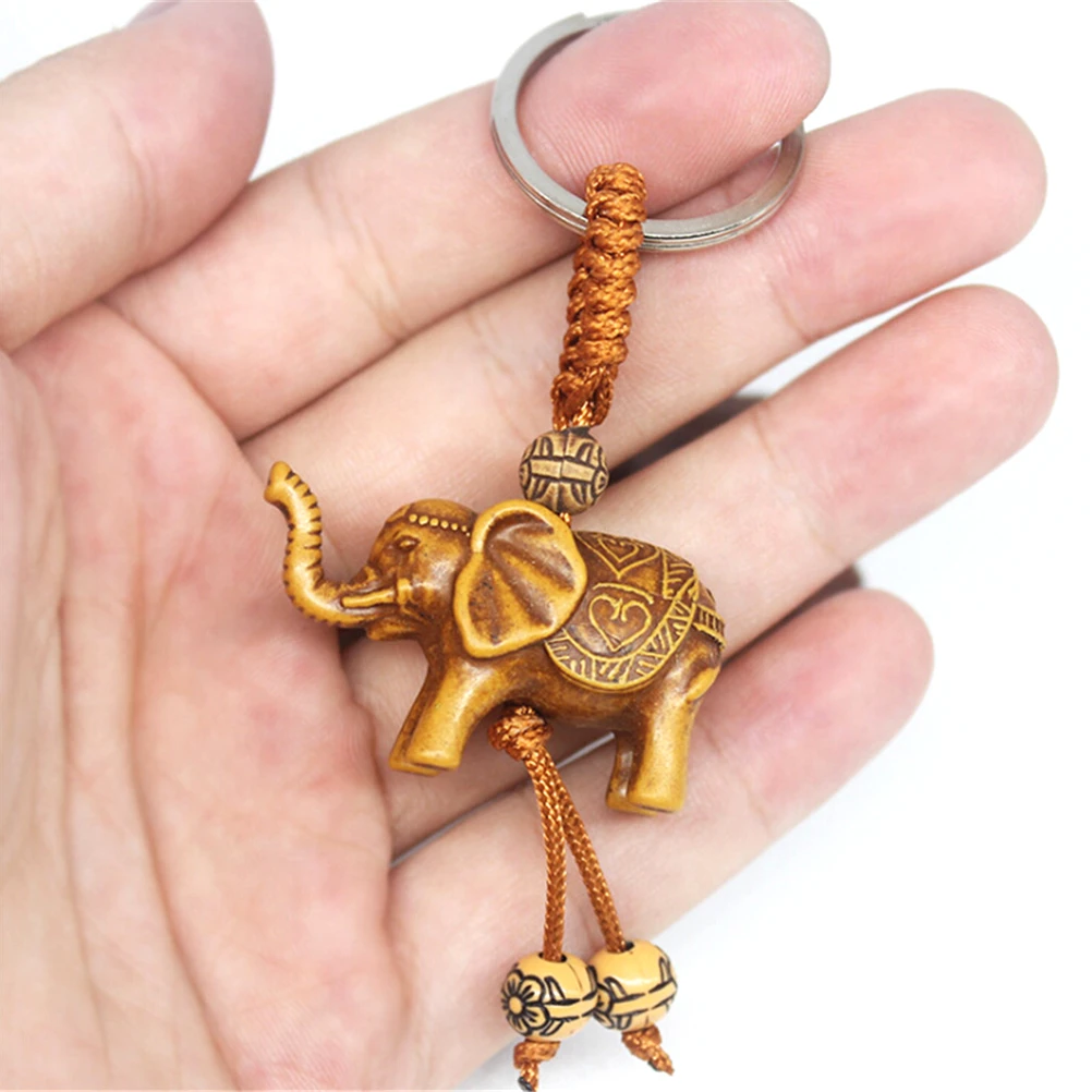 Lucky Elephant Carving Wooden Pendant Keychain Key Ring Chain Defends Evil Gifts 