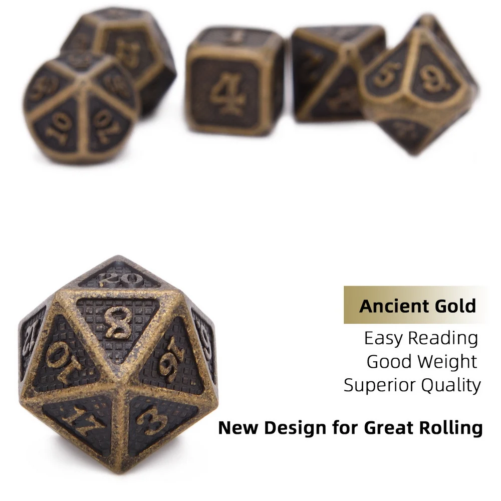 Новые древние золотые металлические кости для хорошей прокатки с мешочком для DnD RPG MTG настольные игры D4 D6 D8 D10 D% D12 D20