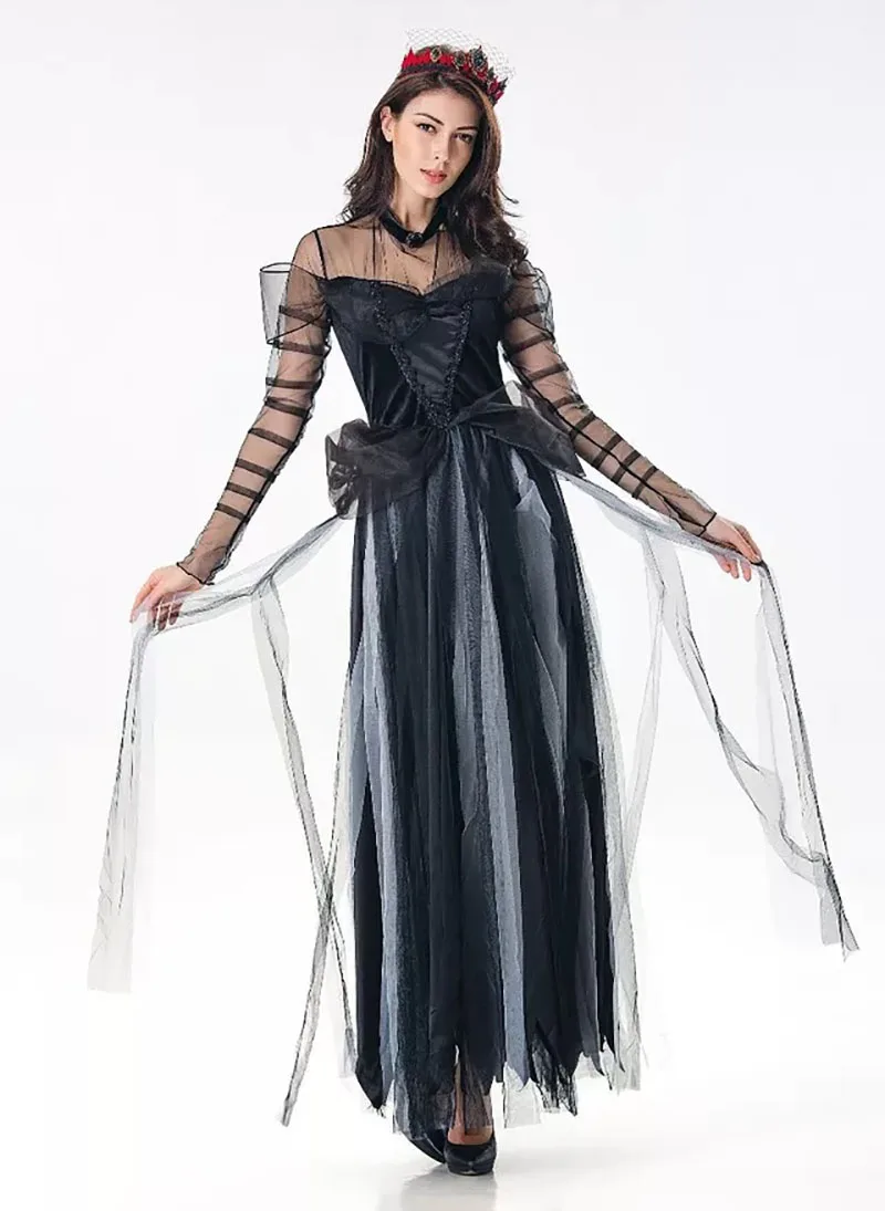 

Adult Women Halloween Dark Princess Corpse Bride Ghost Costume Evil Queen Cosplay Black Long Overlay Mesh Tulle Dress For Ladies