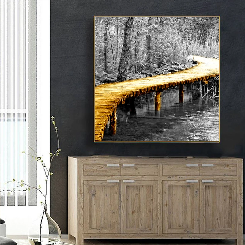 

paint by number art painting by numbers Art gold bridge Nordic style flowers and trees small river side bedroom porch