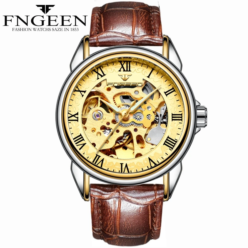 Золотые женские часы, мужские часы FNGEEN Relogio Feminino masculino, автоматические механические часы с скелетом, автоматические часы - Цвет: man leather 1