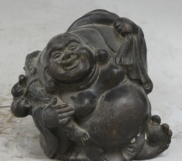 

wholesale factory 4" Old China Buddhism Bronze Abstract Happy Laugh Maitreya Buddha Wealth Statue