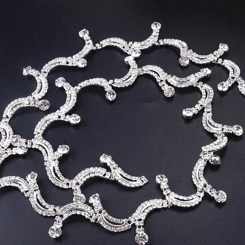 

2-5Yards Crystal Applique Rhinestone Bridal Trim Fashion Chain Fringe Embellishment Silver Rhinestone Trimming 3cm