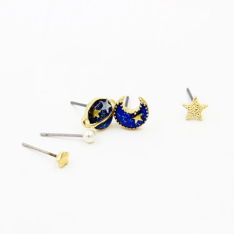 

Fashion Cute Blue Space Universe planet Moon Star stud earrings Lovely Personality Asymmetric earrings jewelry gift for woman