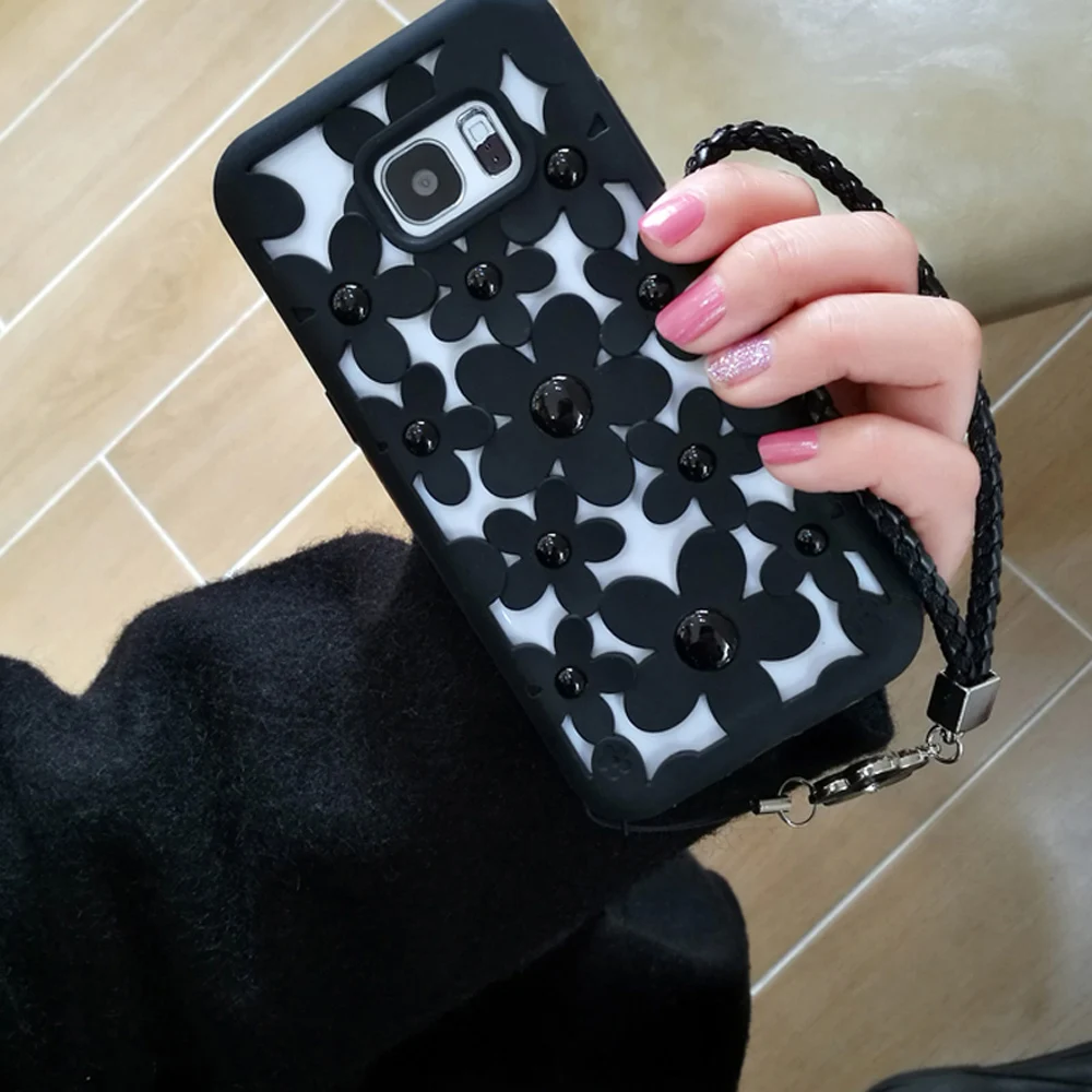 

Korea Hollow Flower Case for samsung galaxy s7 s7edge s8 s9 plus note8 fashion glitter flower strap Soft Silicone back Cover