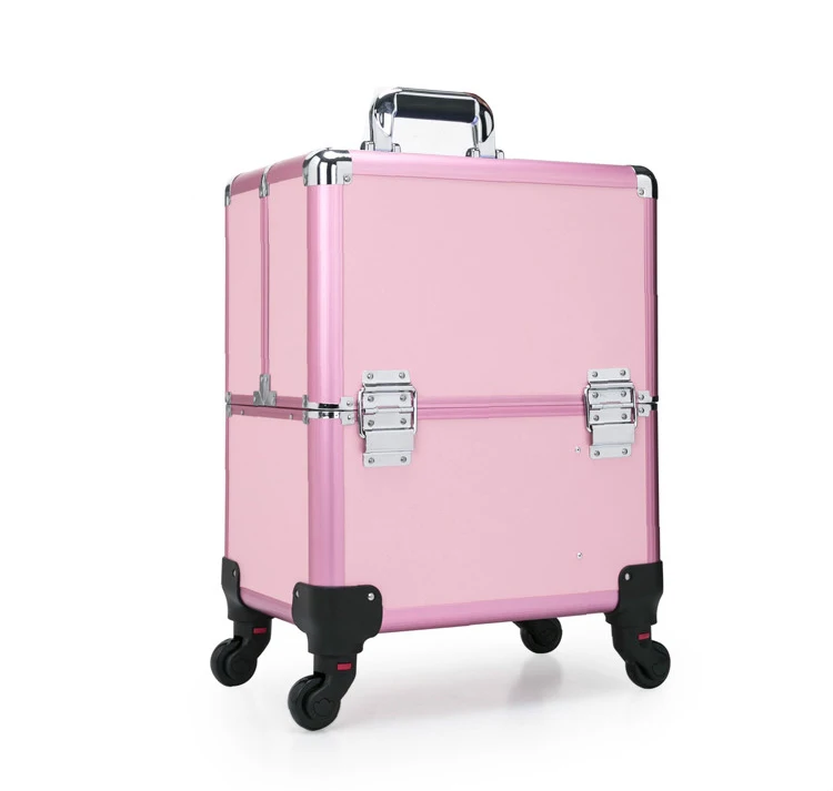 Professional Caster косметичка на колесиках чехол красота вышивка Полупостоянный макияж коробка сумка Макияж многослойная ногтей комплект чемодан - Цвет: Розовый