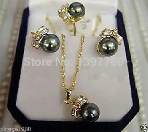 

Miss charm Jew.153 CHARMING Black Pearl Earring Ring & Necklace Set new
