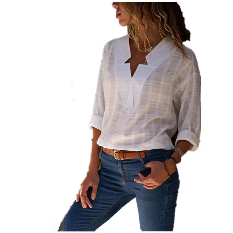 

Autumn Blous Women 2019 Solid Color Shirts Fashion V-neck Long Sleeve Irregular Plaid Long-sleeved Women Loose White Top