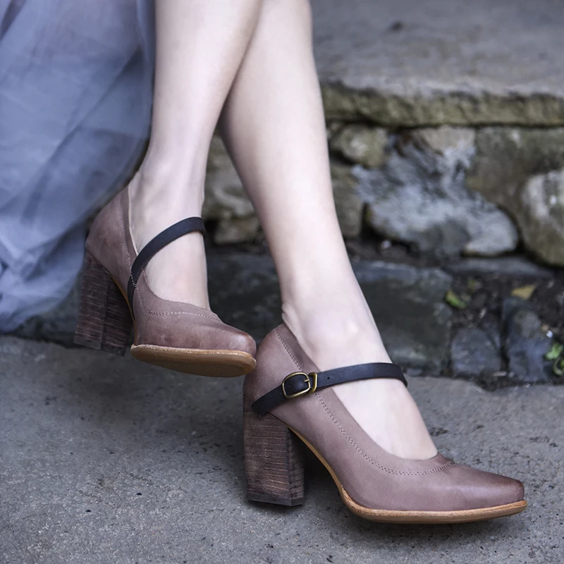 

Artmu Original New Women's Shoes Retro Pointed Toe High Heels Belt Buckle Genuine Leather Shallow Thick Heels Handmade Shoes