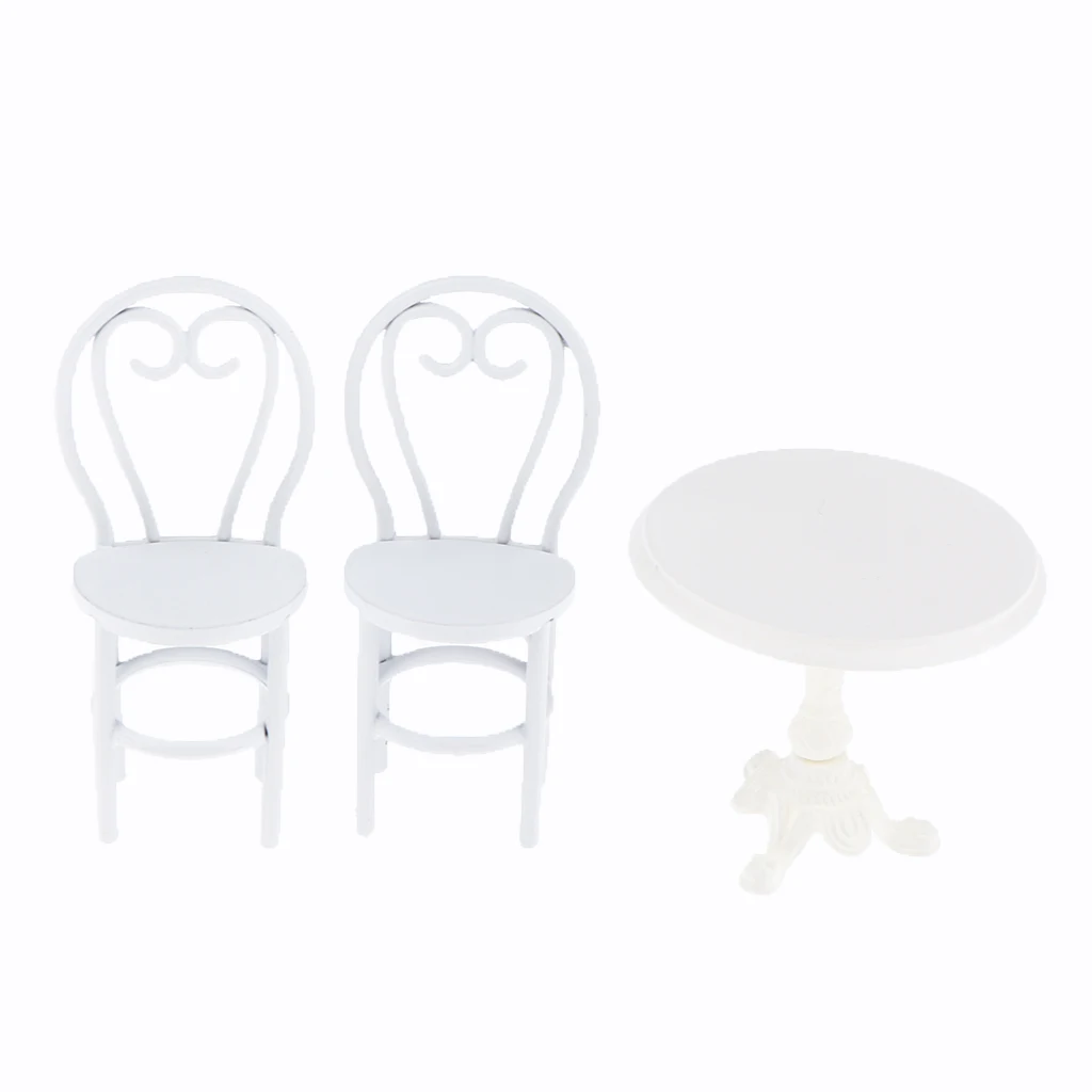 3Pcs 1:12 Dollhouse Miniature Dining Table Chair Metal Furniture Set White