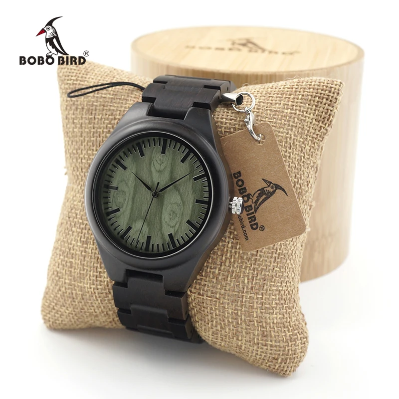 BOBO BIRD Mens Black Ebony Wooden Watches Green Wood Dial Wood Links Causal Quartz Wrist Watch in Gift Box