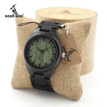 

BOBO BIRD Mens Black Ebony Wooden Watches Green Wood Dial Wood Links Causal Quartz Wrist Watch in Gift Box