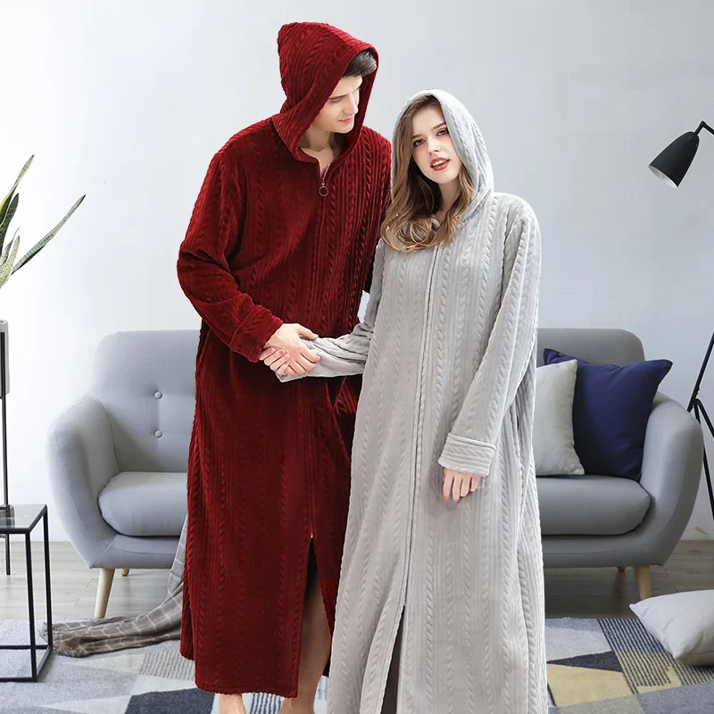 

QWEEK Autumn New Hooded Couple Pajamas Sets 2019 Plus Size Zipper Lover Homewear Fashion Cardigan Flannel Sleepwear Bath Robes