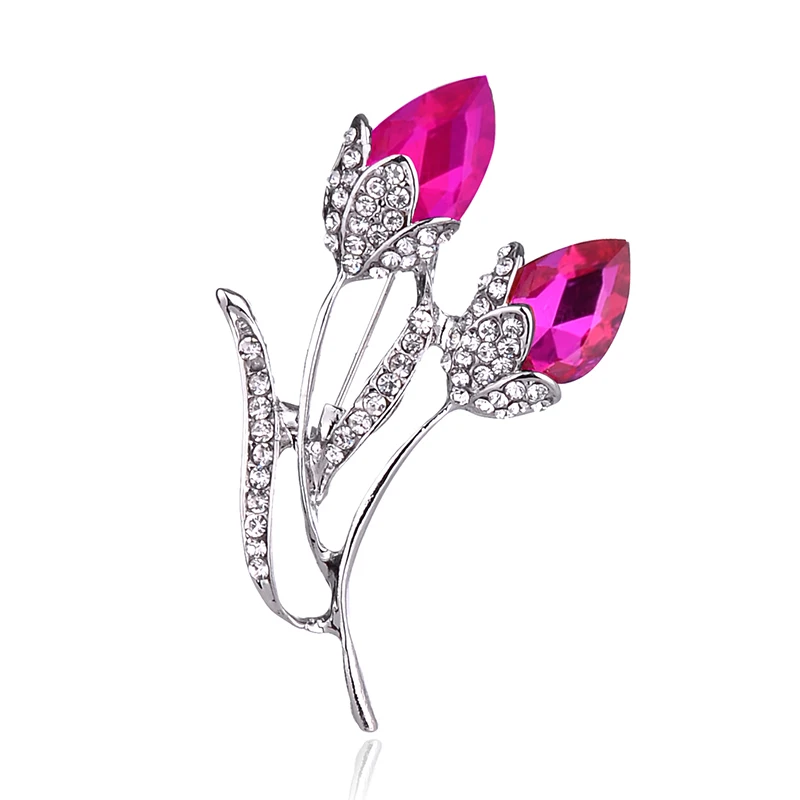 

LUBOV Elegant Silver Color Metal Branch Blue Red Pink Crystal Stone Flowers Brooch Pin Luxury Women Tie Costume Jewelry