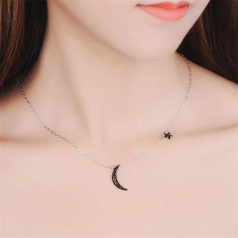 TJP New Fashion Zircon Black Moon Star Female Pendants Necklace Jewelry Women 925 Silver Choker Necklace For Girl Accessories