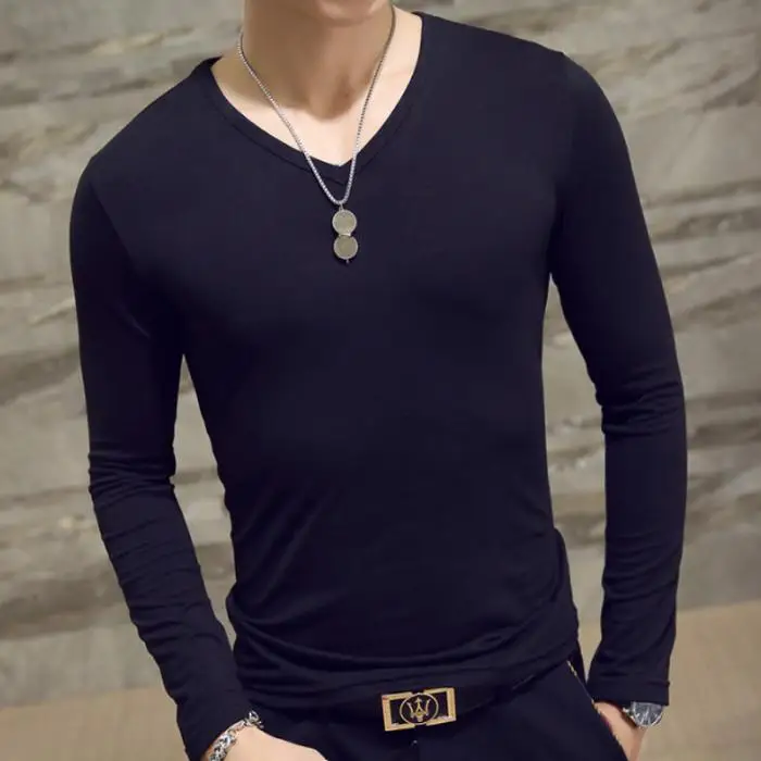 Men Autumn T-shirts Long Sleeves V Neck Pullover Slim Fit Casual Minimalist Male Tops XIN-Shipping