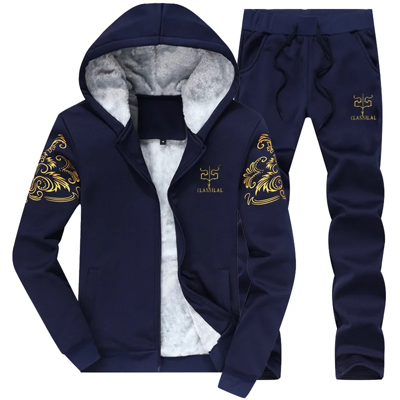 Sweatshirt Men Tracksuit Men Set Sweatshirts New 2018 Brand Winter Thick Warm Print Hoodie Set Fleece Collar Fleece Casual 