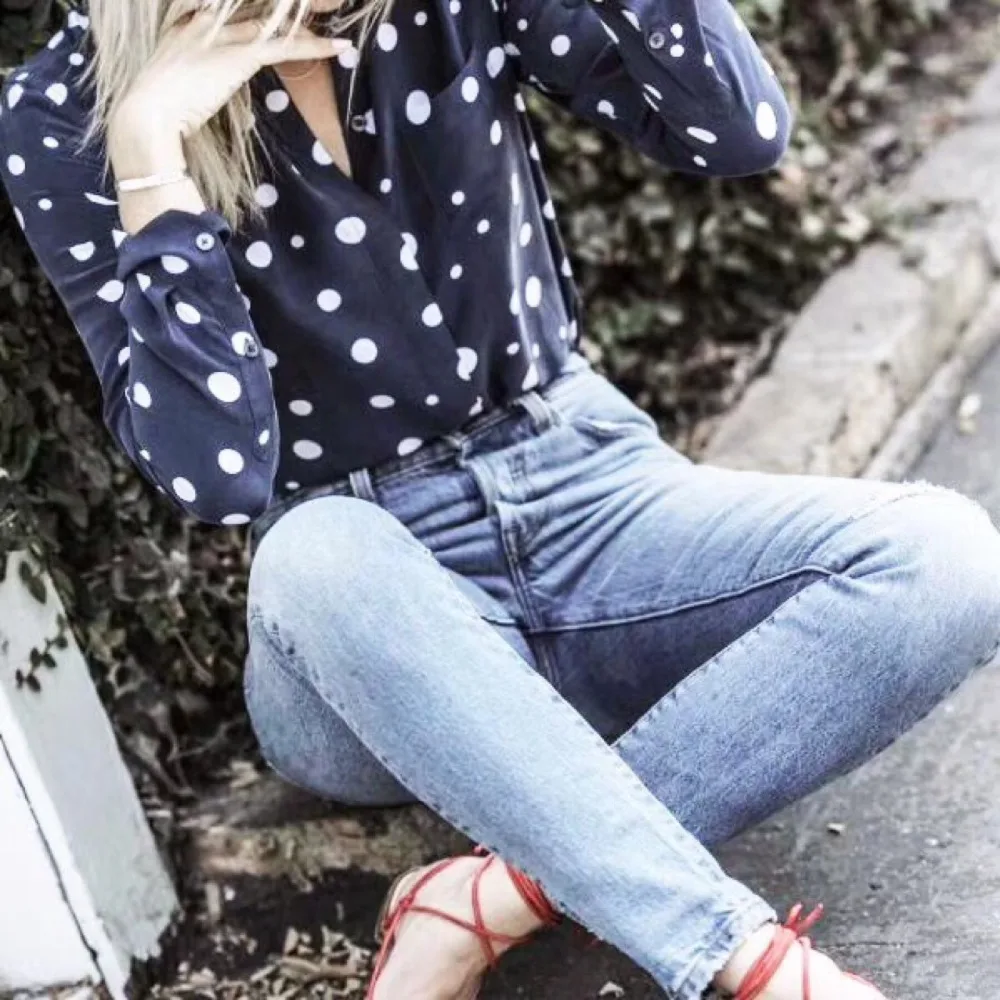 

100% Silk Office Lady Autumn New Style 2018 Long Sleeve Blouse Pollka Dot Women Shirts Navy Blue