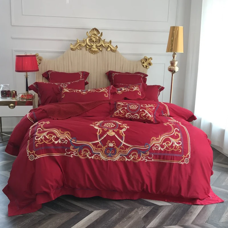 

2018 Golden Floral Border Wedding Bed Set Embroidery Duvet Cover Set 4Pc Queen King Size Bedlinens Flat Sheet Bed Cover