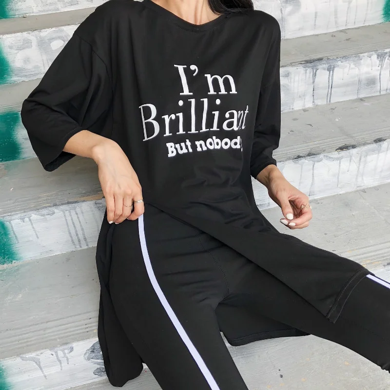 

2019 New Summer Women Two Piece Set Loose Letter Printing Street T-shirt Tops And Stovepipe Pants Slim Set Suit J2