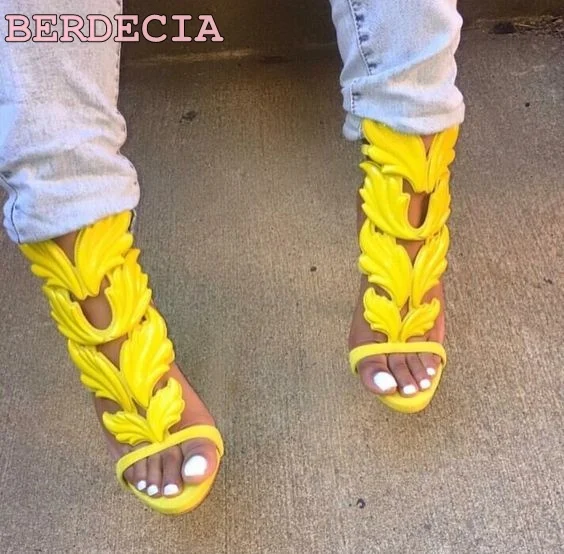 

hot selling fabulous yellow khaki leaf high heel sandals open toe buckle strap thin high heel shoes party dress women sandals