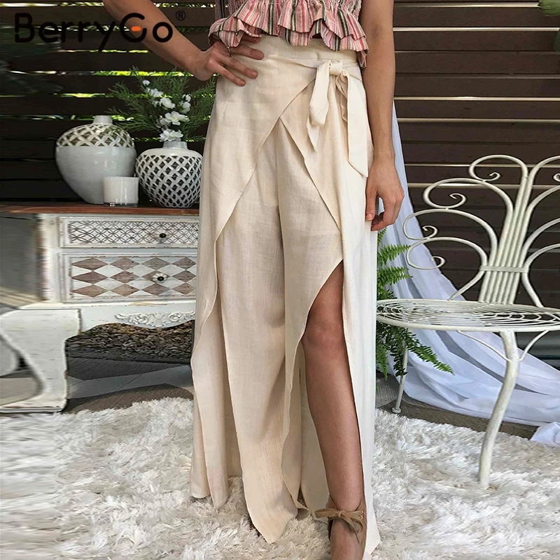 

BerryGo women wide leg pants Sexy split Elegant elastic high waist bow tie trousers Summer casual streetwear wrap pants female