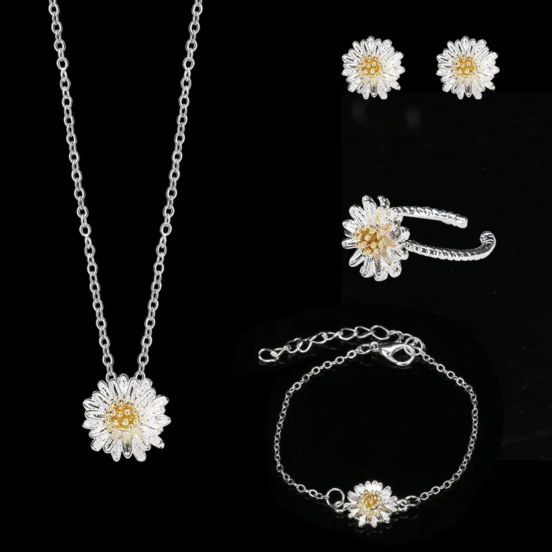 

TSHOU132 women Jewelry Set Simple Alloy Daisy Flower Necklace Stud Earrings Bracelet Ring Set