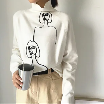 

Korean Women 2019 Autumn Winter Sweaters Cartoon Print Female Knitted Sweater And Pullovers Long Sleeve Turtleneck Mujer Sueter