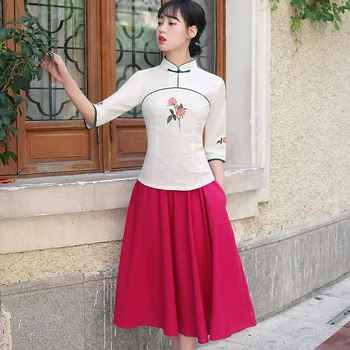 

Chinese traditional Style Women Cotton Linen Shirt Blouse Ladys Vintage Embroider Flower Top Oriental Hanfu Stage Show Clothing