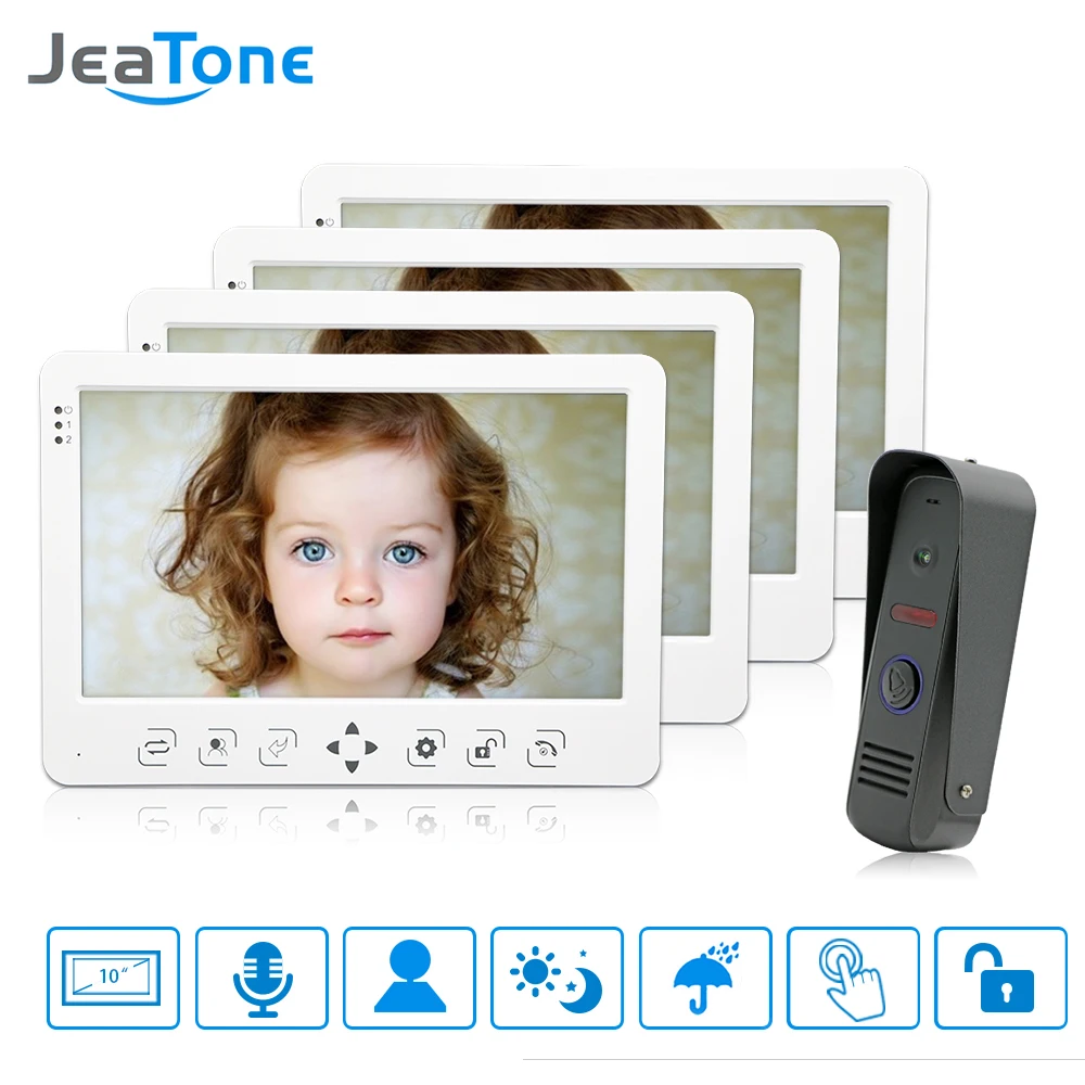 JeaTone 10\ Color Video Door Phone Video Intercom Door Unlock IR Night Vision Camera White Monitor Home Apartment Kit 1200TVL