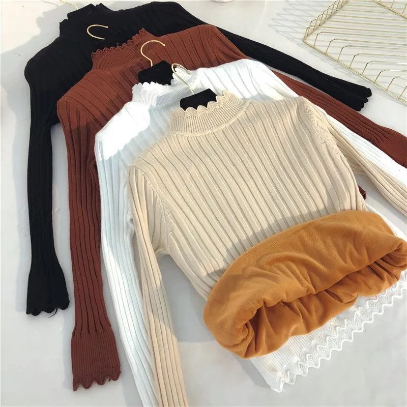 Suéter de Malha Pulôver de Malha Mais de Veludo Feminino para Inverno Curta Grosso Casual Y62