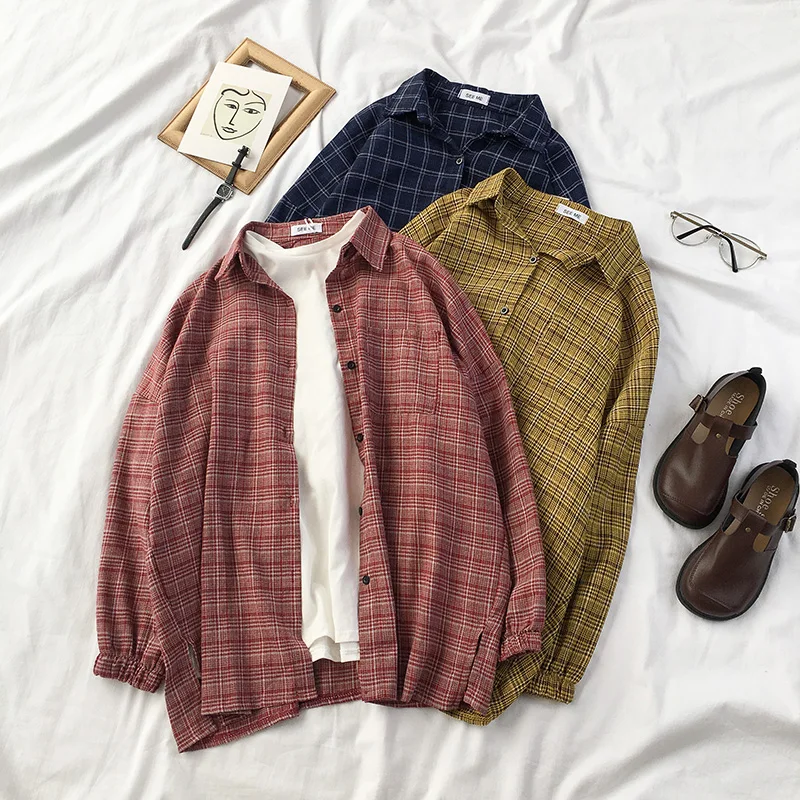 

Spring Retro Plaid Shirt Woman Loose Long Sleeved Tops Femme 2019 New Preppy Students Casual Check Blouses Female Clothes Blusas
