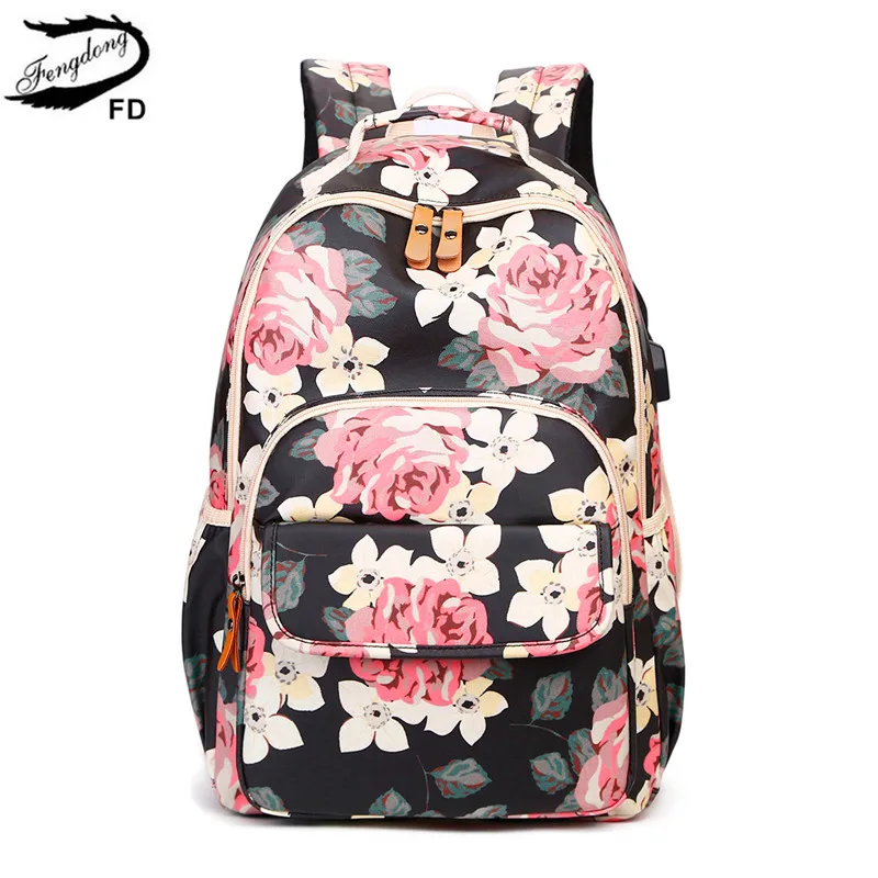 black backpack with flowers