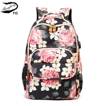 

Fengdong girls black floral backpack flowers school bags for kids waterproof nylon school backpack children book bag student bag