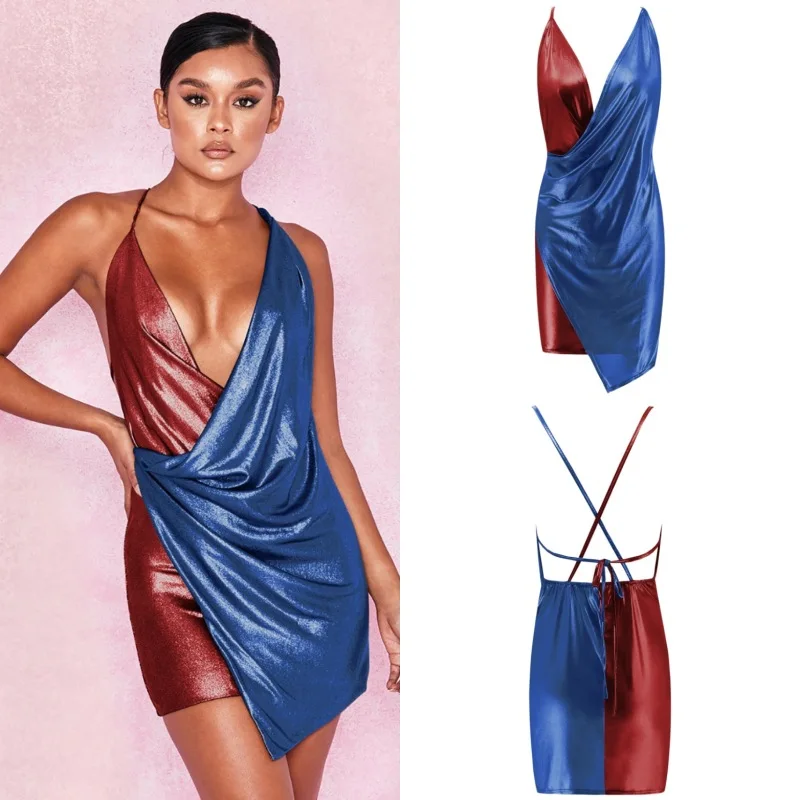 

LALYSSE 2019 Women Sexy Dress Stitching Shining Club Sleeveless Patchwork Mini Dress Sexy Bling Dress vestidos femininos Dress