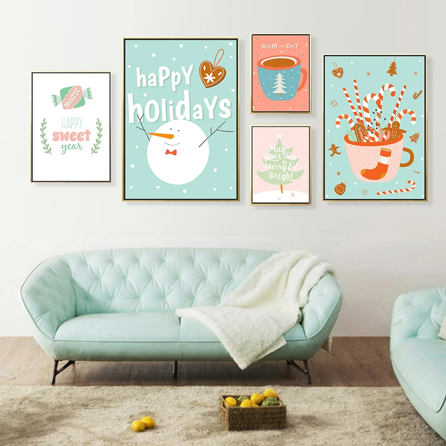 

Gohipang Christmas Tree Canvas Art Painting Happy Sweet New Year Quotes Print Poster Snowmen Holiday Decorations For Home Living