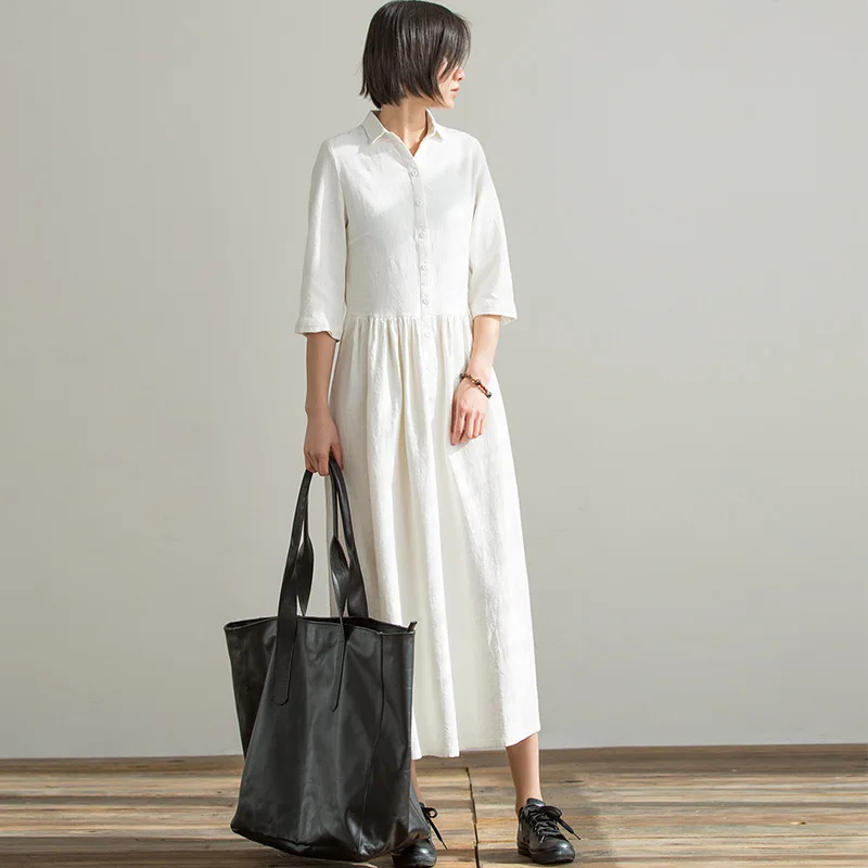 

SCUWLINEN 2019 Spring Summer Women Dress Casual Solid Half-sleeve A-line Long OL Korean Style Ramie Dresses Vestidos P092