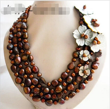 

Free shipping@@@@@ 4Strands 19'' 12mm Coffee Baroque Shell Flower Freshwater Pearl Necklace