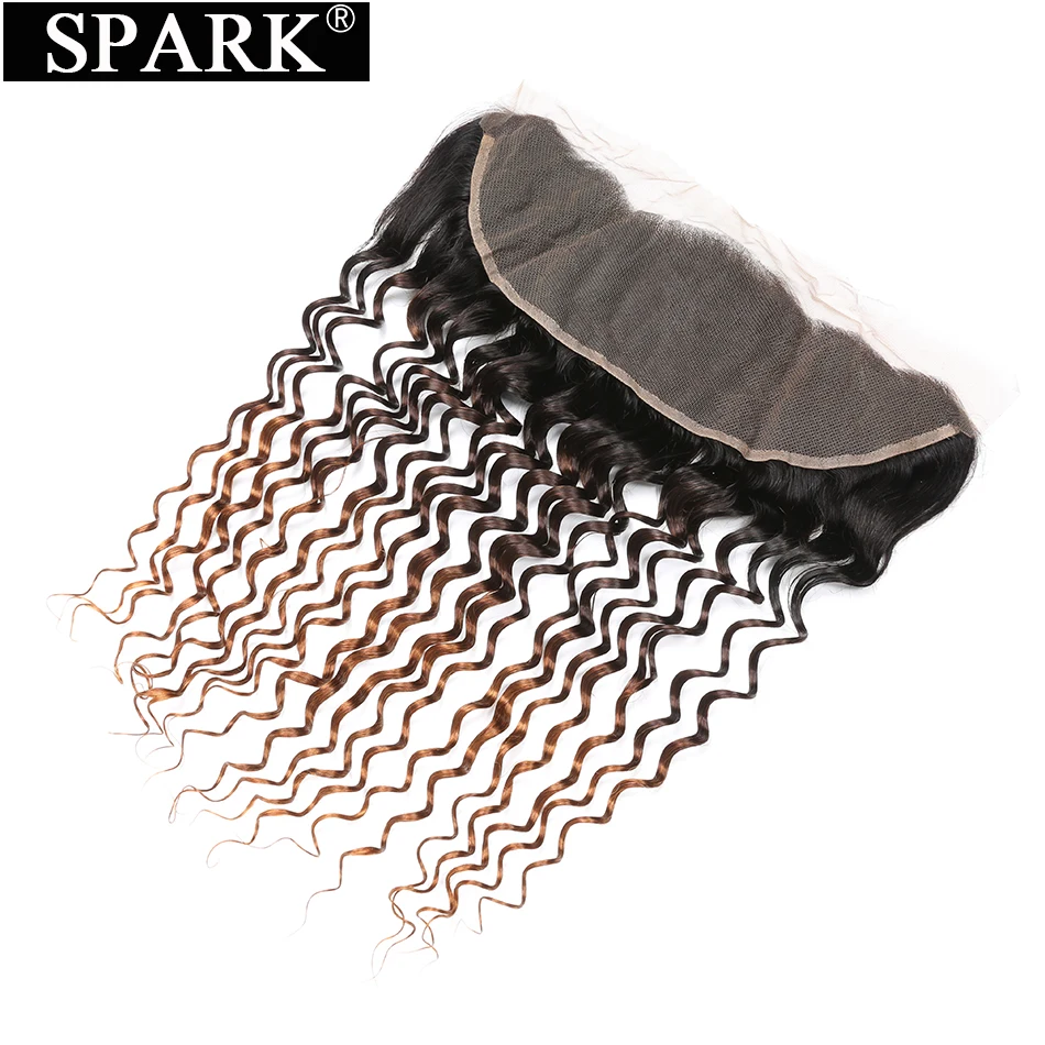 Spark Hair Ombre Brazilian Deep Wave 13x4 Lace Frontal Closure Weave Free Part Deep Curly Remy Human Hair Closure 1B/4/30 Color