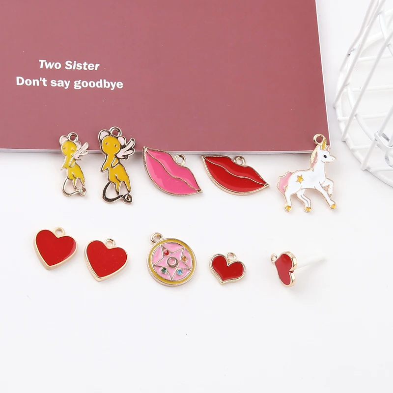 

Wholesale 50pcs Sexy Hot Lips Enamel Alloy Charms Kawaii Animal Mouse Horse Lovely Heart Oil Drop Floating Pendant Earring Stud