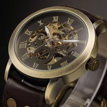 2016 Retro Steampunk auto de viento Automático Esqueleto Mecánico Relojes de pulsera de Los Hombres de Cuero de Lujo Para Hombre Relojes de Regalo Relogio masculino